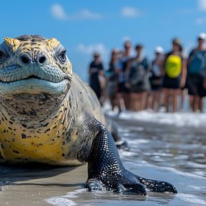 una-tortuga-marina-esta-acostada-en-la-playa-y-la-gente-esta-viendo